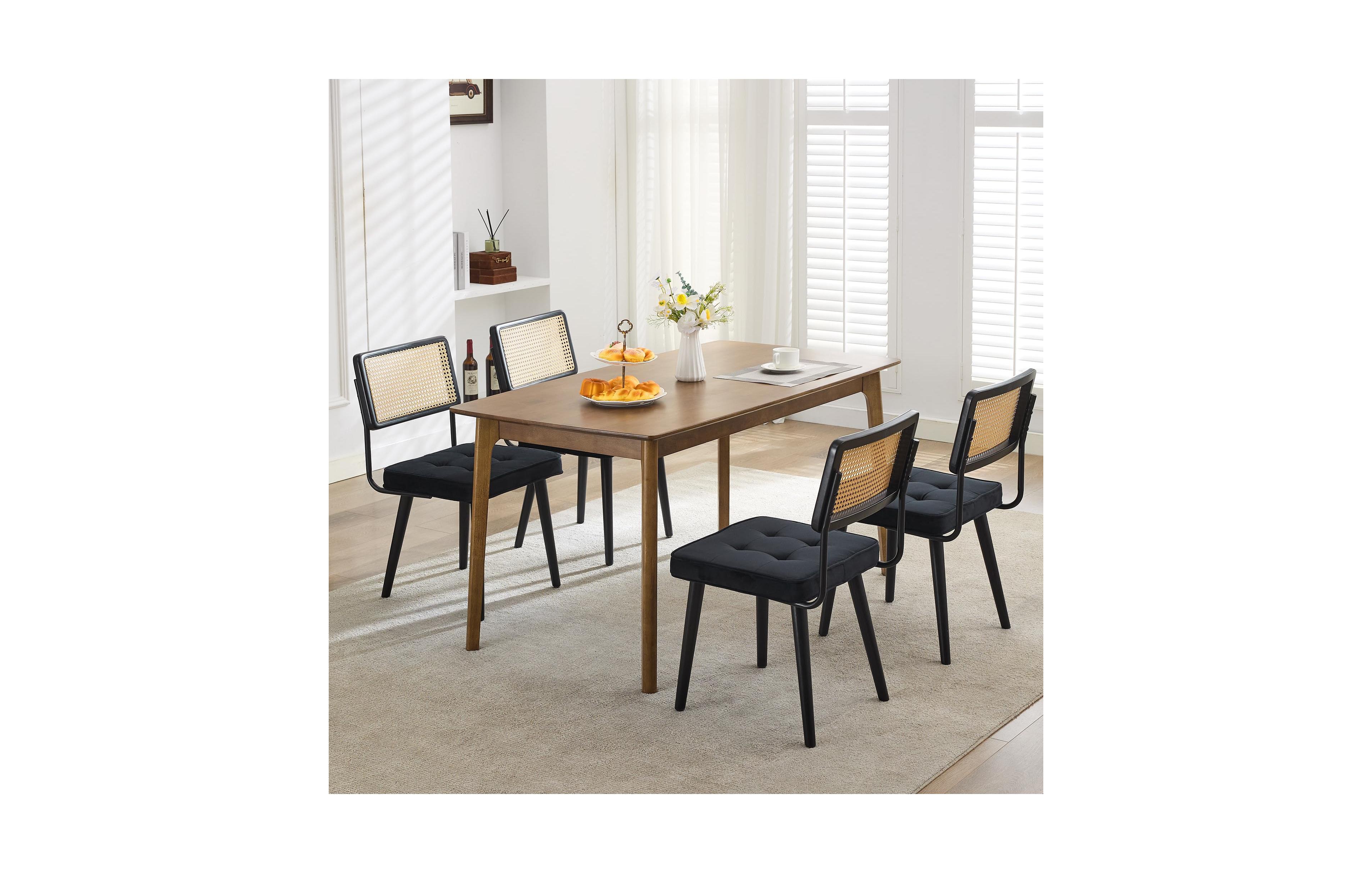 gaomon Set of 4 Natural Rattan Dining Chairs, Upholstered Seat & Solid Wood Legs, Modern Boho Kitchen Seating
