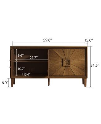 60" Rustic Farmhouse Wood Credenza with Symmetrical Sunburst Doors