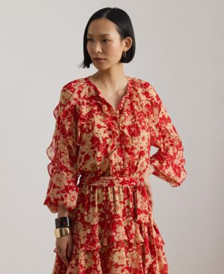 Women's Print Ruffle Trim Band Collar Tiered Dress