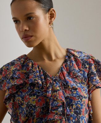 Women's Floral Ruffle Trim V-Neck Blouse