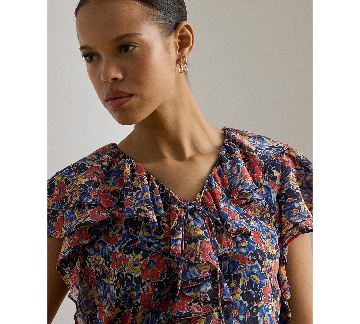 Lauren Ralph Women's Floral Ruffle Trim V-Neck Blouse