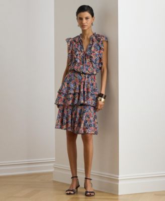 Women's Floral Ruffle Trim Split Neck Dress