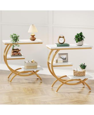 C-Shaped End Table Set of 2, Industrial 3-Tier Small Side Table for Couch, Wood Bedside Table Snack Side Table with Storage Shelves