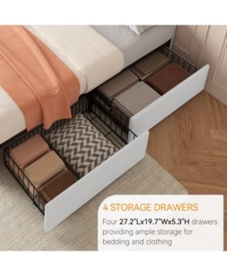 King Bed Frame with Headboard & 4 Storage Drawers, Square Stitched Button Tufted Platform