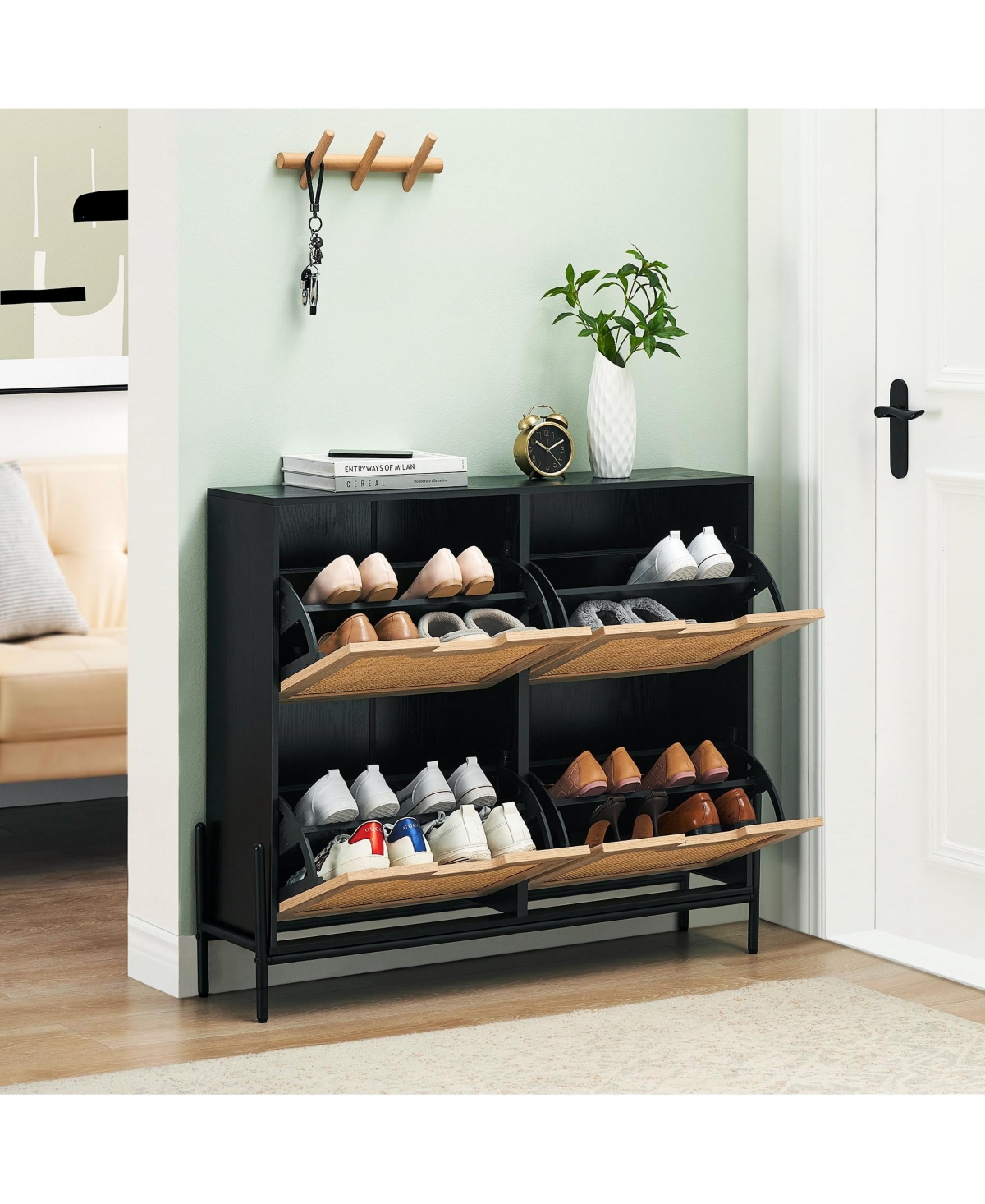 Homfan Shoe Cabinet with 4 Rattan Flaps Rack Narrow 8 Shelves Metal Legs