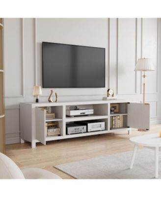 Fluted TV Stand for 80 Inch TV, Modern Entertainment Center with Storage & Gold Handles