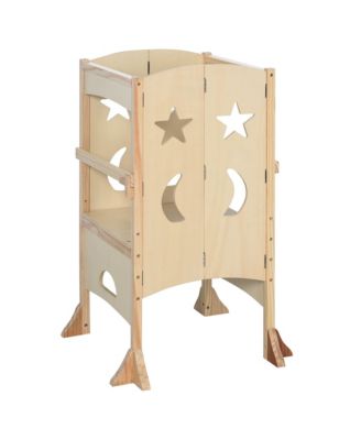 Wooden Kitchen Step Stool for Kids, Foldable Toddler Tower, Helper Stool for Kitchen Counter with Support Handles Safety Rail