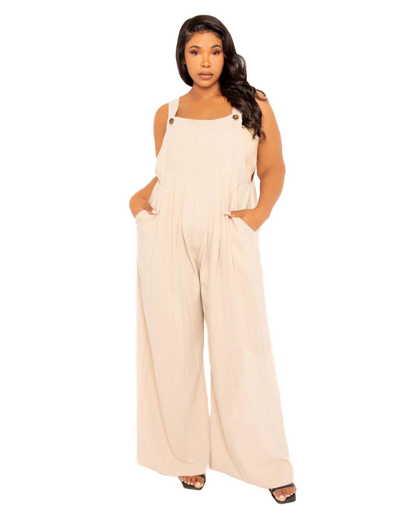 Женский комбинезон Buxom Couture Plus Size Wide Leg Linen Jumpsuit, цвет: Бежевый — фото 1