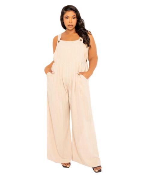 Женский комбинезон Buxom Couture Plus Size Wide Leg Linen Jumpsuit, цвет: Бежевый