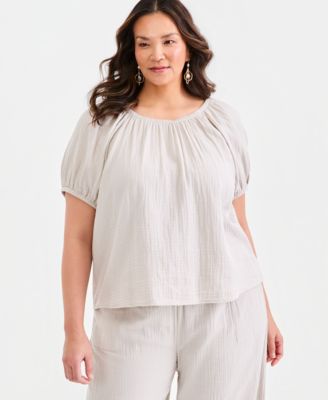 Plus Size Solid Scoop-Neck Cotton Gauze Top