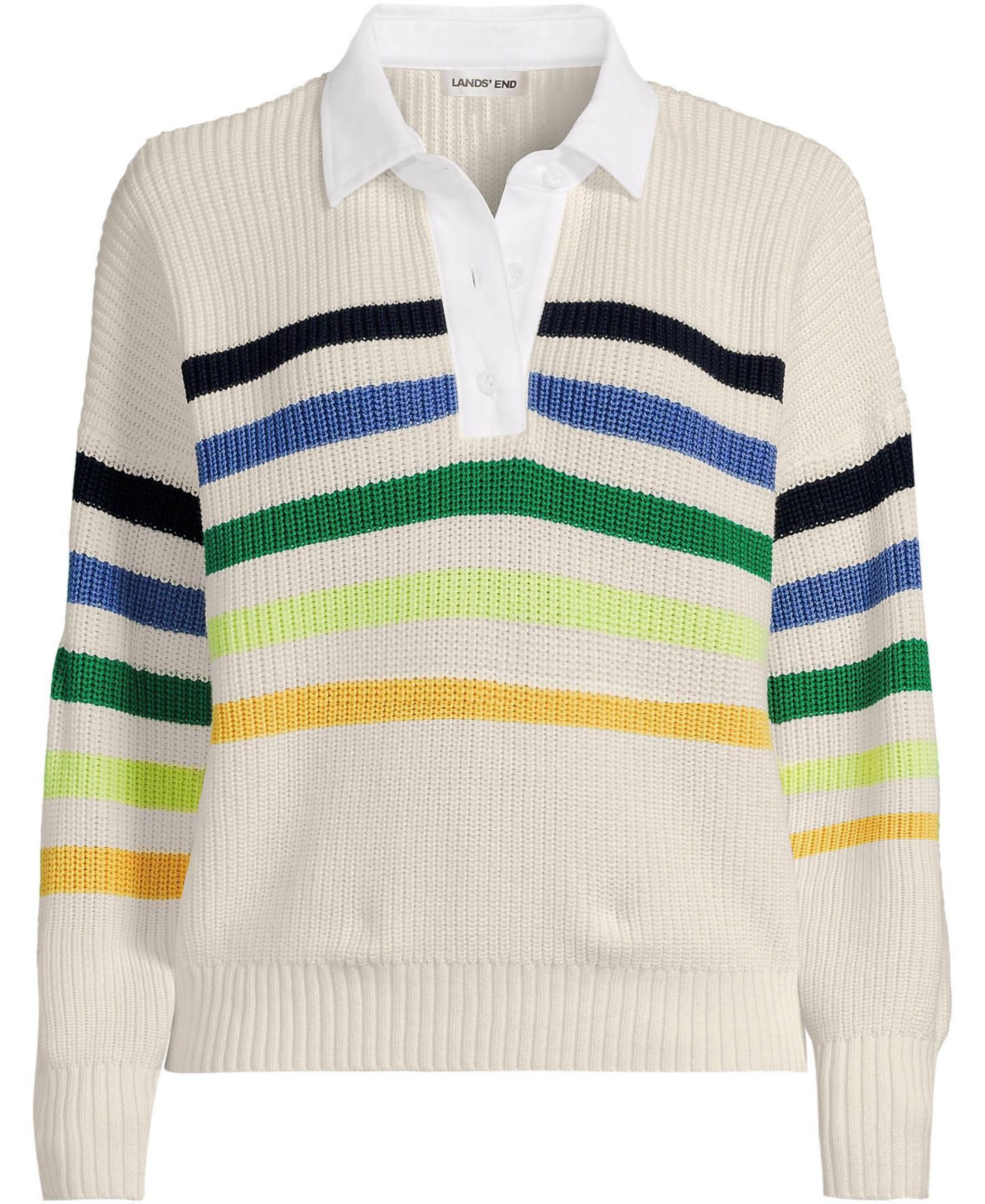 Женские рубашки Lands' End Plus Size Drifter Rugby with Woven Collar Sweater, цвет: Слоновая кость / Разноцветный полосатый — фото 3