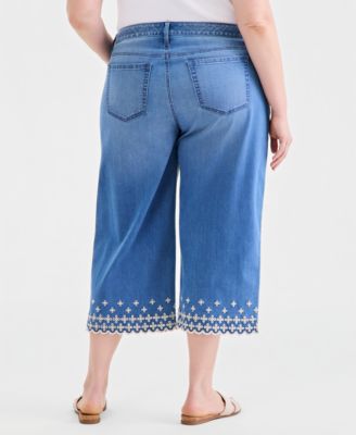 Plus Size Embroidered Scalloped High Rise Wide-Leg Crop Jeans
