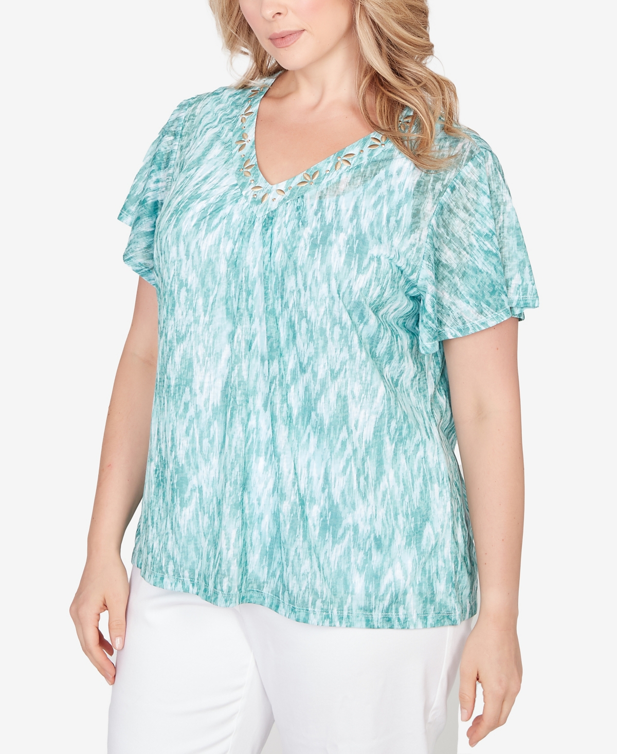 Hearts Of Palm Plus Printed Knit Burnout Short Sleeve V-Neck Top