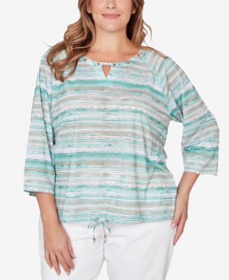 Plus Size Printed Slub 3/4 Sleeve Blouson Top