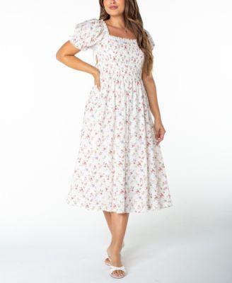 Juniors' Textured Floral Printed Puff-Sleeve Midi Dress