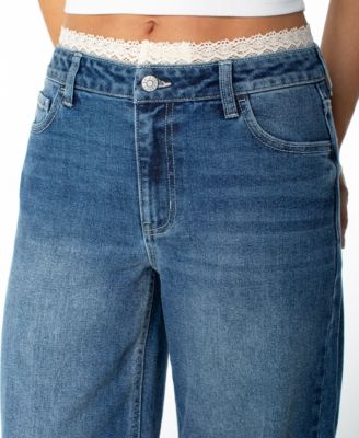 Juniors' Lace-Trim Wide-Leg Baggy Jeans