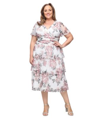 Plus Size Printed V-Neck Tea Length Dress