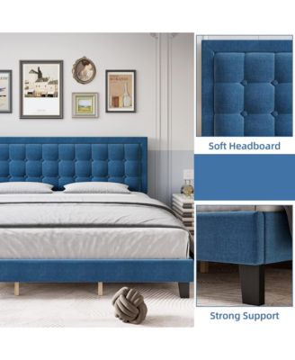 Platform Bed Frame with Upholstered Button Tufted Headboard, Metal Framework, Wood Slats Support