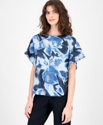 Women's Printed Flutter-Sleeve Boat-Neck Top