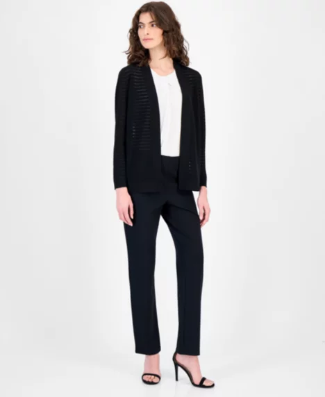 Petite Sheer Stripe Open-Front Cardigan - Anne Black