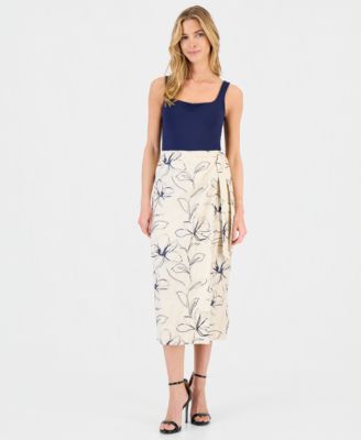 Women's Linen-Blend Embroidered Faux-Wrap Midi Skirt