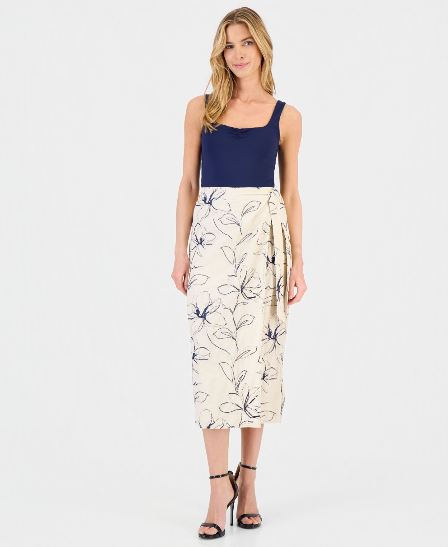 Женская юбка Anne Klein Linen-Blend Embroidered Faux-Wrap Midi, цвет: Натуральный разноцветный — фото 1