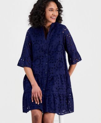 Women's Eyelet Embroidered Cotton Flare-Sleeve Shirtdress