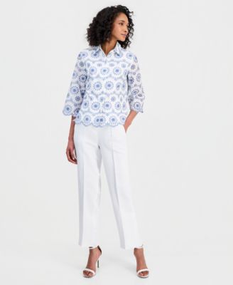 Women's Scalloped 3/4-Sleeve Eyelet Blouse