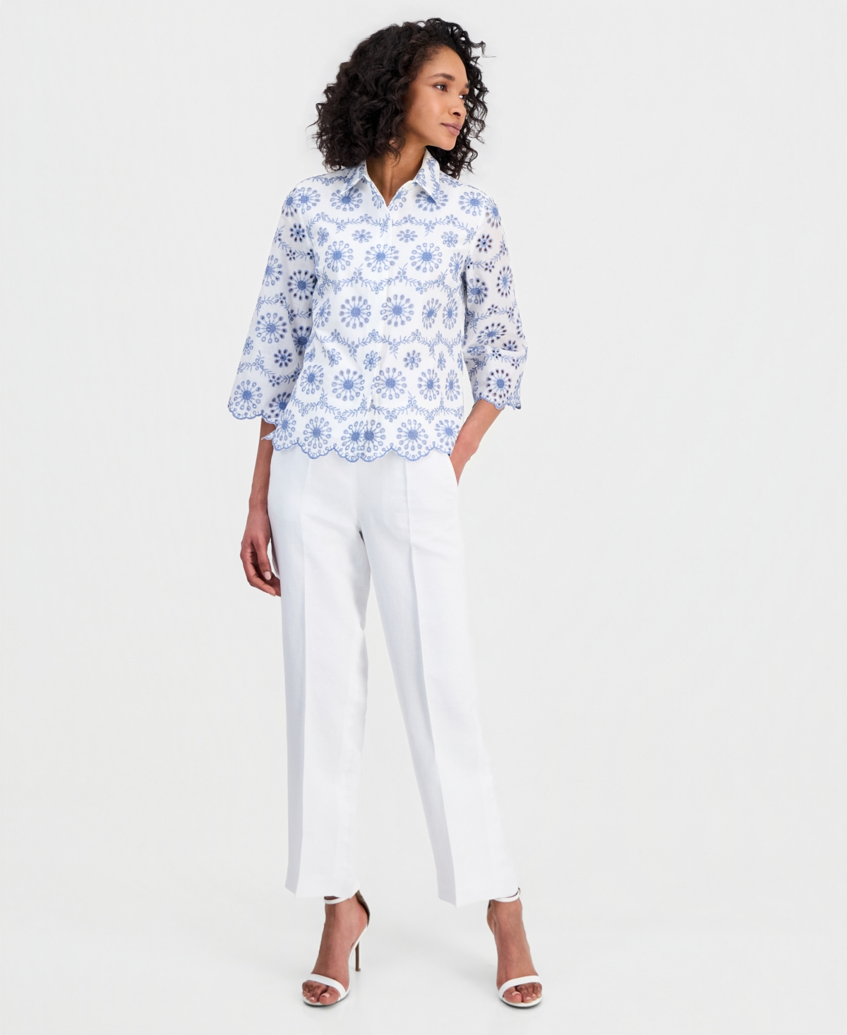 Anne Klein Women's Scalloped 3/4-Sleeve Eyelet Blouse