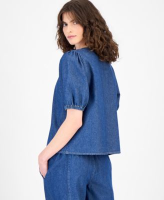 Women's Cotton Gathered Button-Front Denim Blouse