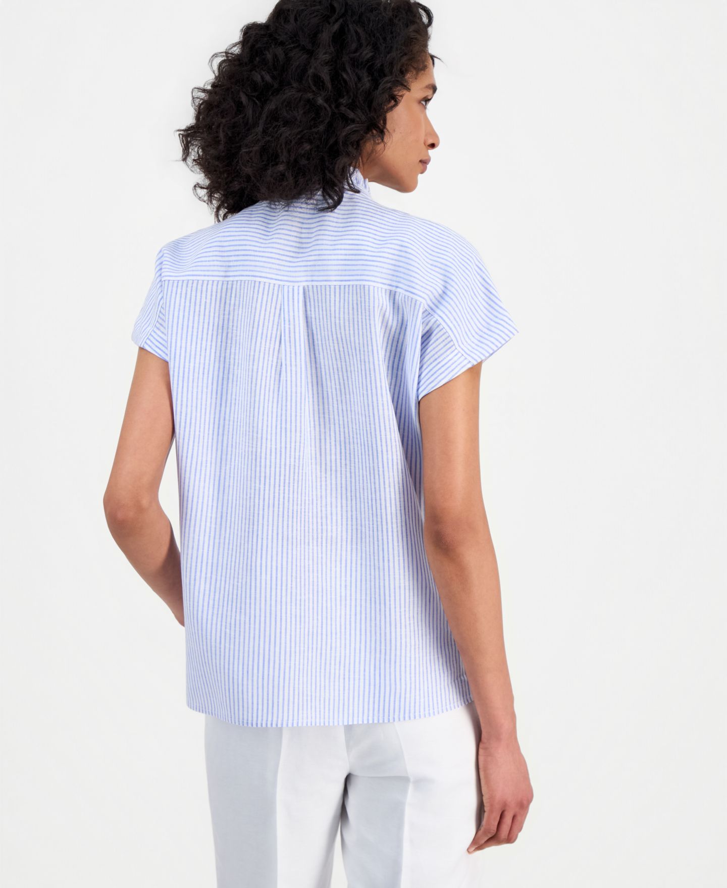 Женская блузка Anne Klein Striped Ruffled-Neck Button-Front Blouse, цвет: Яркий белый — фото 4