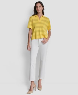 Women's Sheer Striped Collared Short-Sleeve Polo Shirt