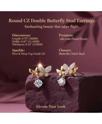 Round CZ Double Butterfly Stud Earrings in 14K Gold Plated