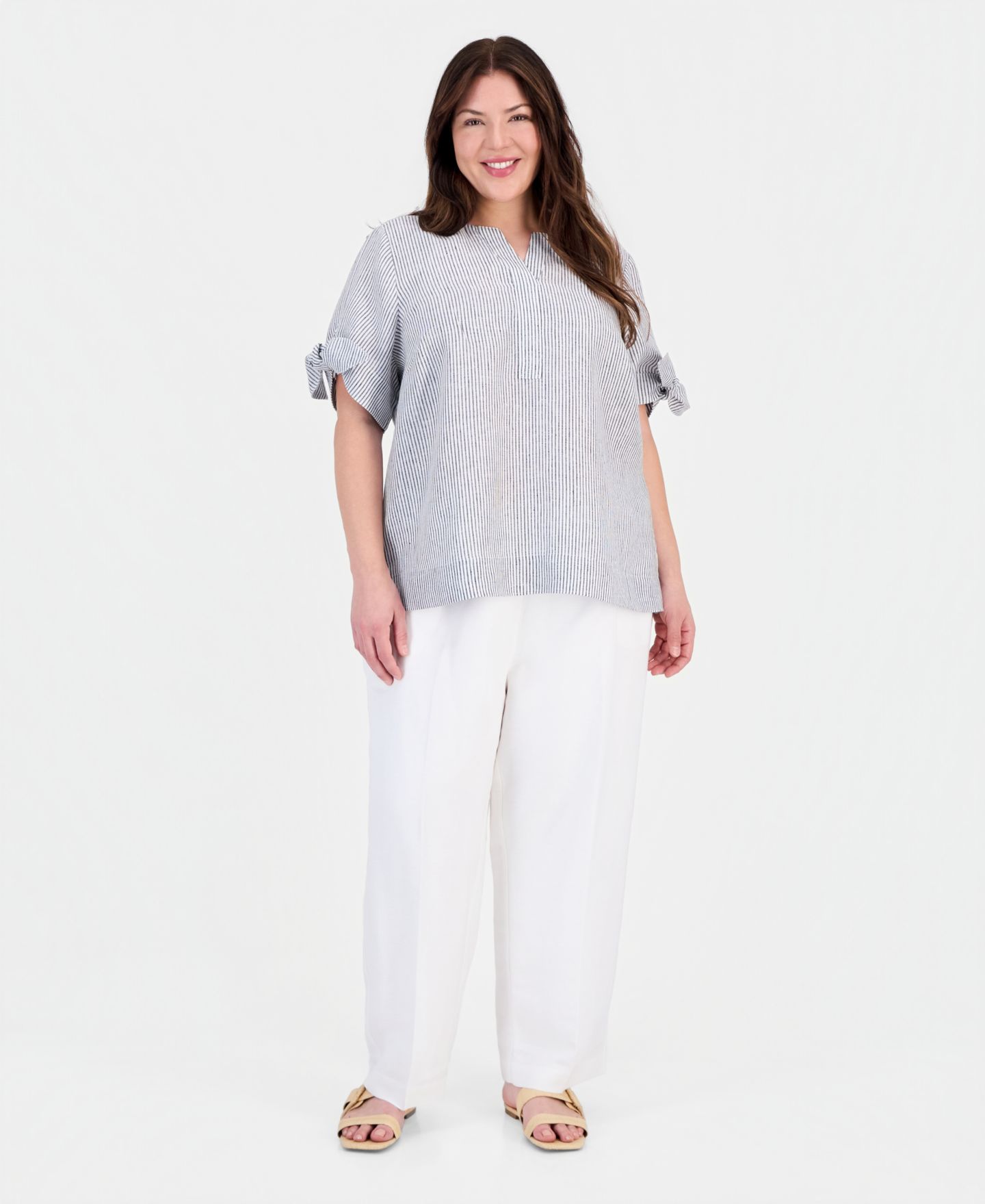 Женский топ Charter Club Plus Size 100% Linen Split-Neck Tie-Cuff Top, цвет: Полосатый яркий белый — фото 2