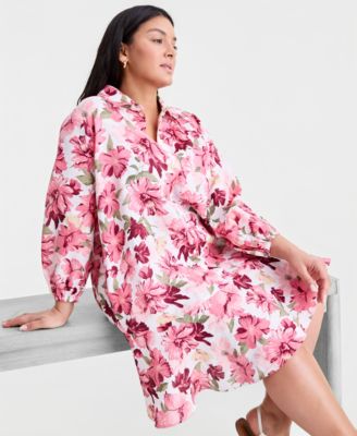 Plus Size Linen Floral-Print Flounce Shirtdress