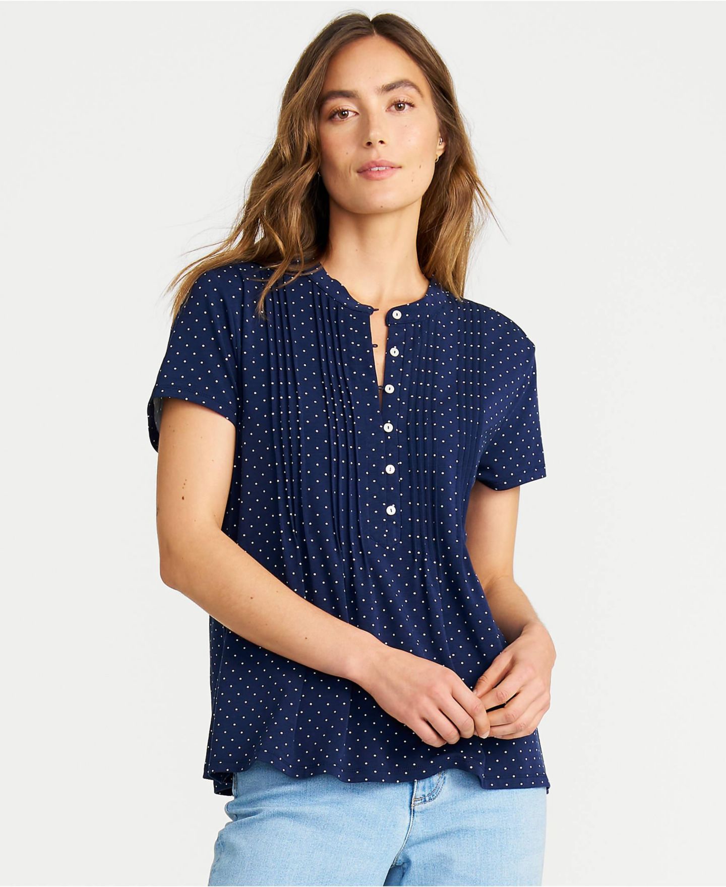 Женский топ Lands' End Petite Lightweight Jersey Button Pintuck, цвет: Морской тёмно-синий — фото 4