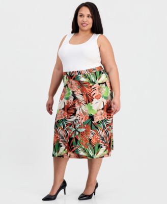 Plus Size Printed Pull-On Flare Midi Skirt 