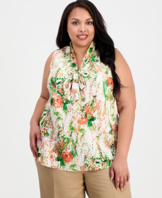 Plus Size Printed Tie-Neck Sleeveless Blouse 