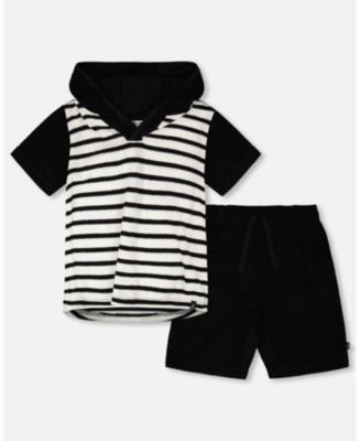 Big Boys Hooded Terry T-Shirt with Shorts Set Black and White Stripes