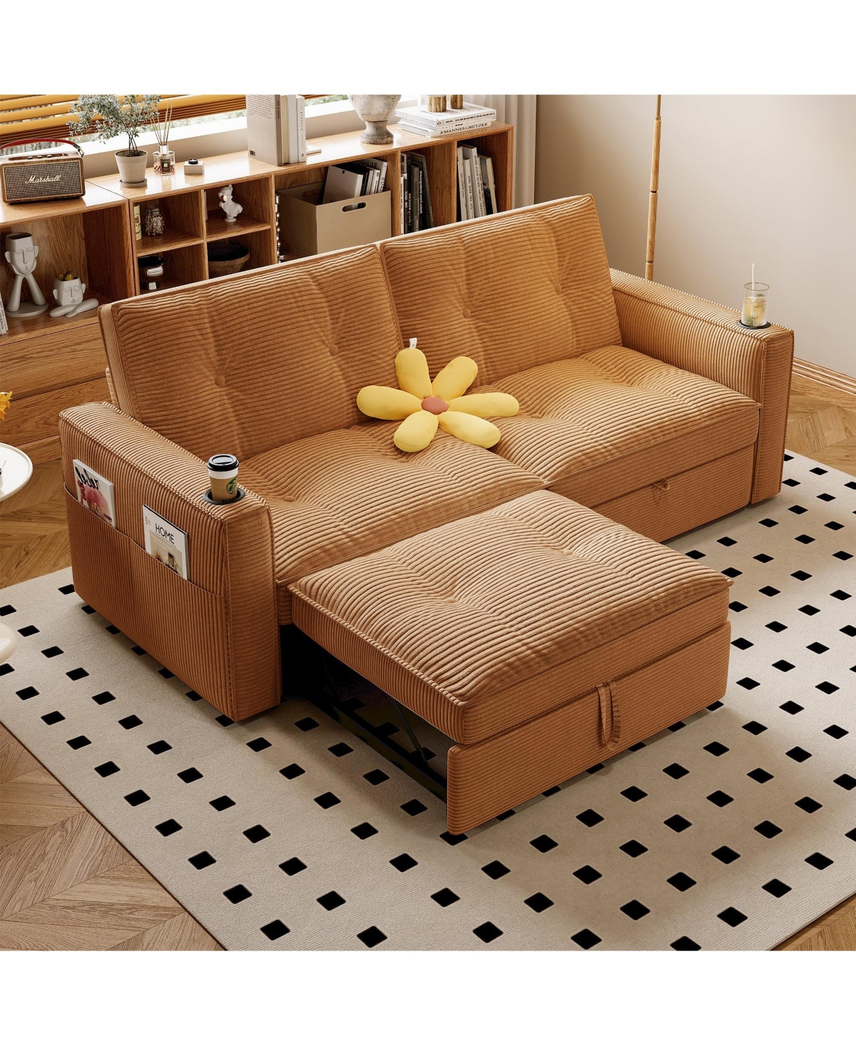 Boyel Living Multi-Functional Convertible Sofa Bed 2-in-1 Multi-Functional Pull Out Sofa Bed, Modern Corduroy Fabric Sofa Couches with Cup Holders