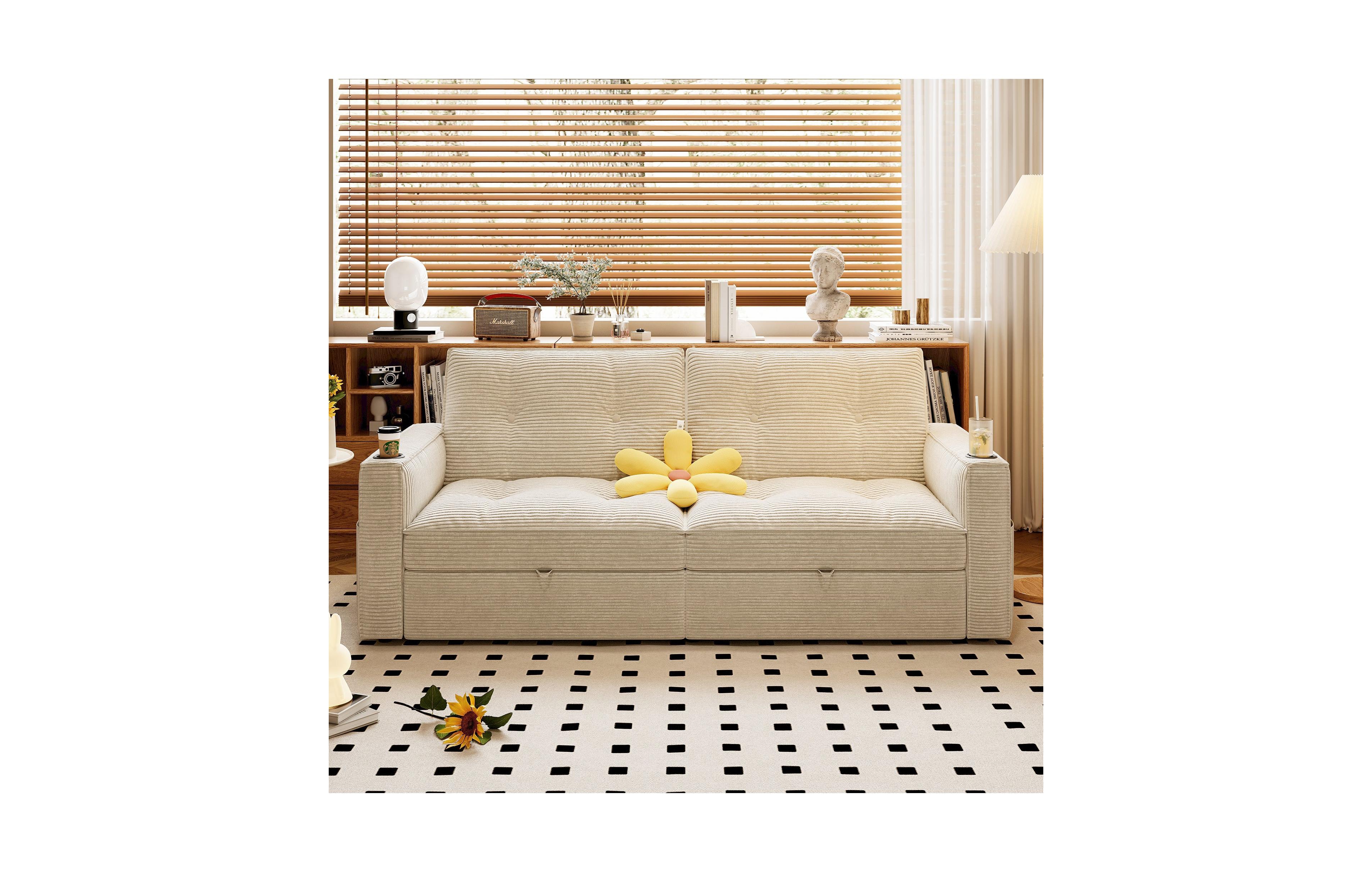 Boyel Living Multi-Functional Convertible Sofa Bed 2-in-1 Pull Out Bed, Modern Corduroy Fabric Couches with Cup Holders