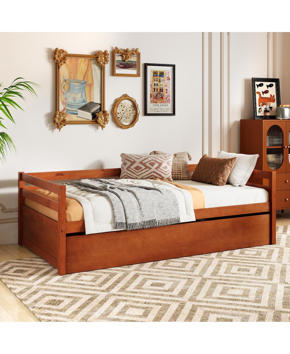 Slickblue Twin Size Trundle Platform Bed Frame with Wooden Slat Support