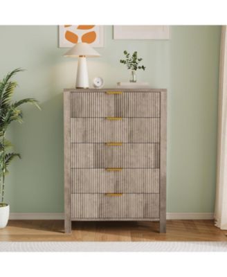 Fluted 5 Drawer Dresser, 45 Tall Slim Dresser for Small Spaces, Modern Farmhouse Wooden Chest of Drawers for Bedroom Nursery Apartment, Easy