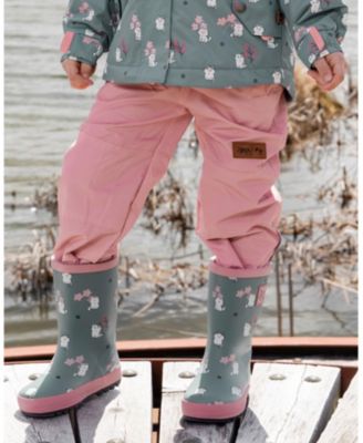 Little Girls Rain Boots in Natural Rubber Green Cat Print