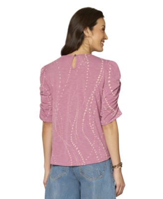 Petite Printed Ruched-Sleeve Scoop-Neck Top