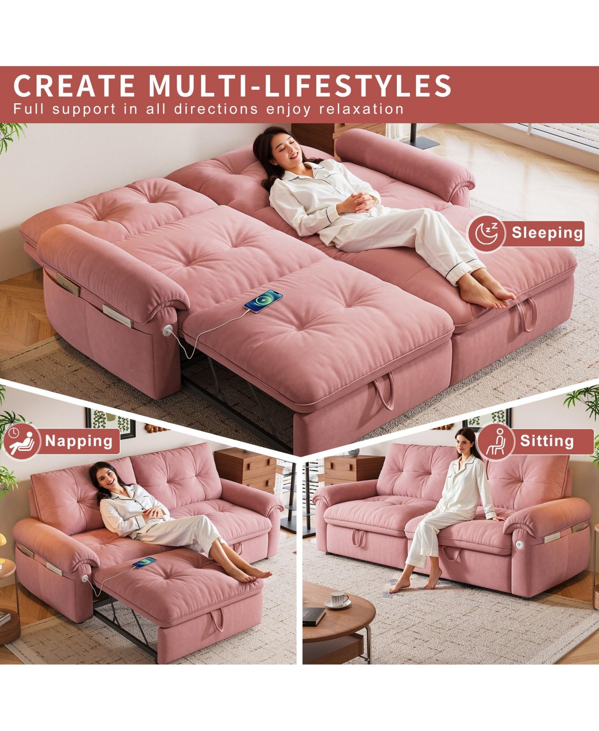 Boyel Living Multifunctional Sofa Bed, 77-inch Modern Velvet Fabric Convertible Sofa Couches, 2-in-1 Pull Out Sofa Bed with Usb Charger, Beige