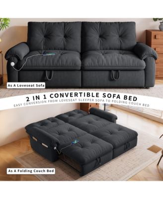 Multifunctional Sofa Bed, 77-inch Modern Velvet Fabric Convertible Sofa Couches, 2-in-1 Pull Out Sofa Bed with USB Charger, Beige