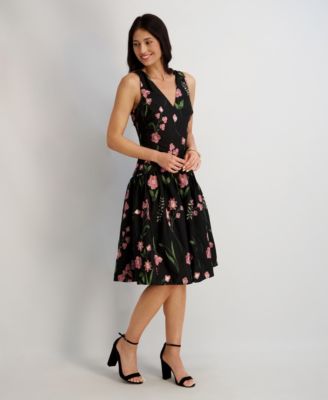 kensie embroidered floral short sleeve v-neck faux wrap dress Kensie Floral Embroidered Woven V-Neck Sleeveless A-Line Dress