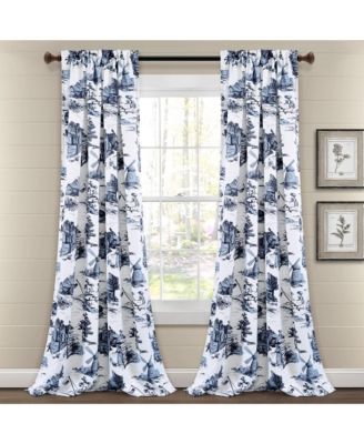 French Country Toile Light Filtering Window Curtain Panels Pair 52"W x 95" +2" White & Blue - Vintage Curtains for Living Room