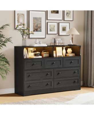 7-Drawer Dresser with LED Lights & Charging Station, Wooden Chest with Open Storage for Bedroom